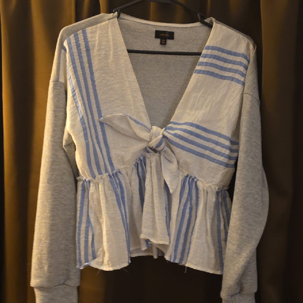 Striped Blue and Gray Tie-Front Top
